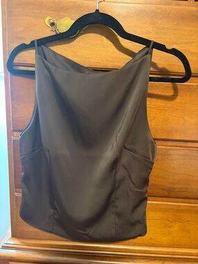 Bec + Bridge  Sleek Coffee Brown Satin Cowl Neck Tank Top